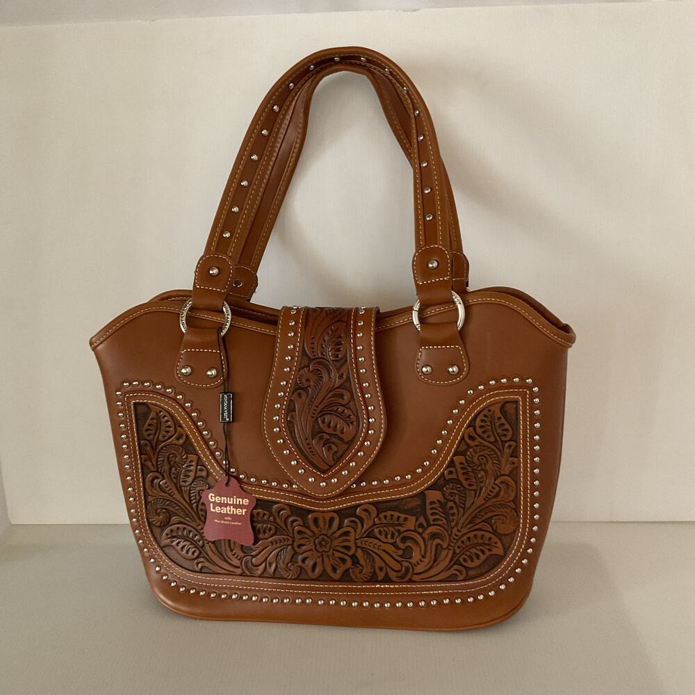Montana West Genuine Leather Western Tooled Floral Shoulder Bag Brown NWT